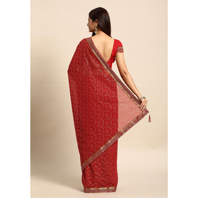 Maroon Foil Printed Chiffon Saree With Tassels