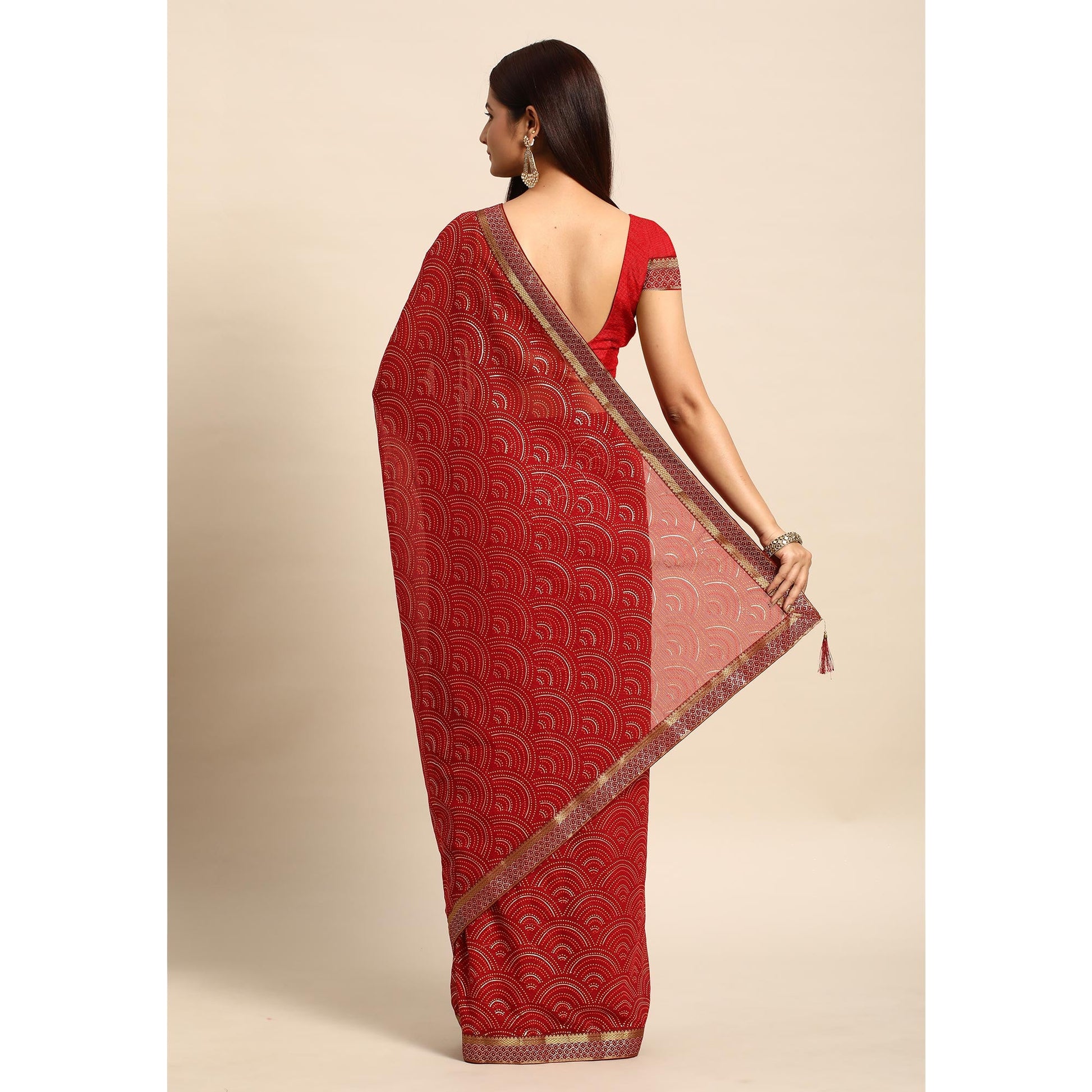 Maroon Foil Printed Chiffon Saree With Tassels