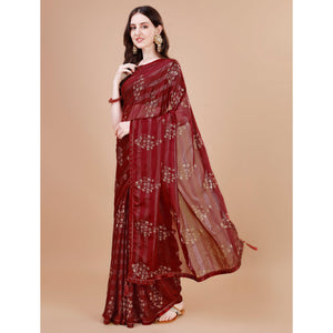 Maroon Foil Printed Chiffon Saree With Lace Border
