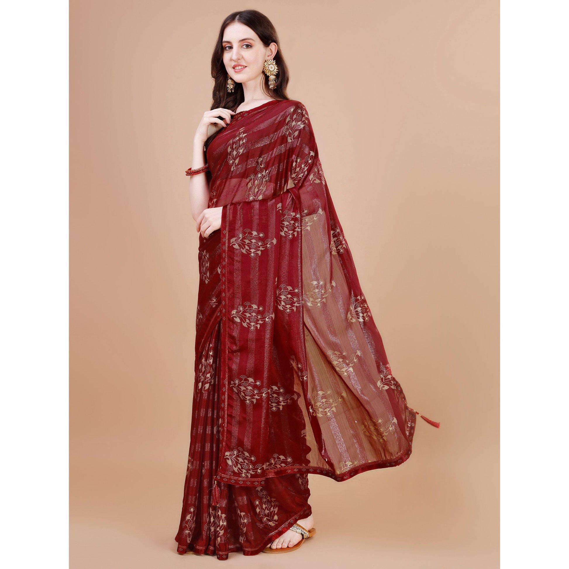 Maroon Foil Printed Chiffon Saree With Lace Border