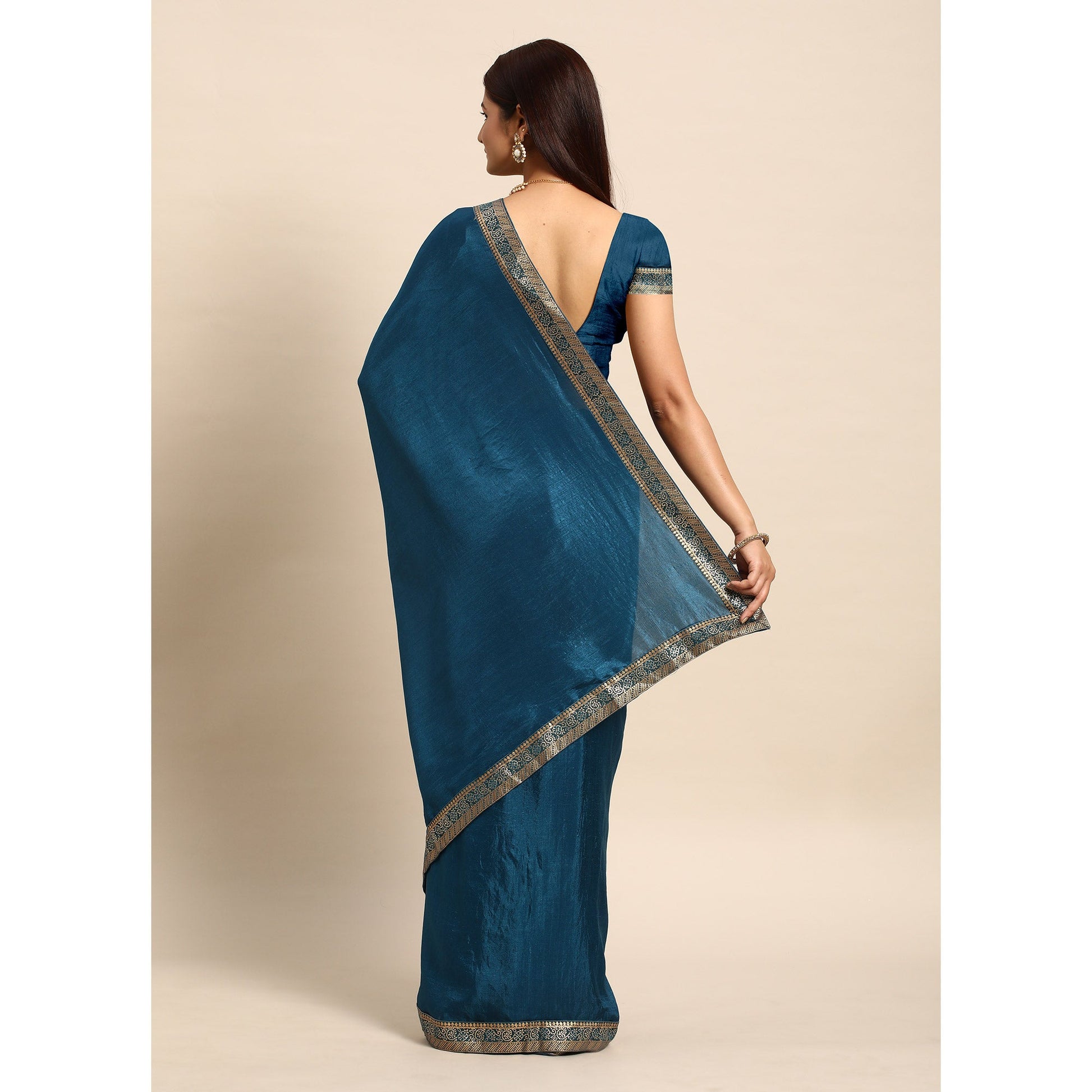 Blue Swarovski Work Vichitra Silk Saree With Fancy Border