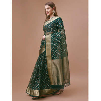 green-bandhani-printed-organza-saree-with-woven-border-2