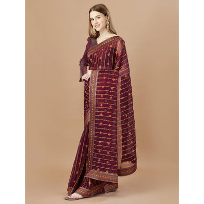 Maroon Foil Printed Chiffon Saree With Lace Border