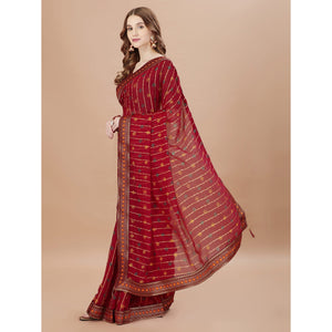 Maroon Foil Printed Chiffon Saree With Lace Border
