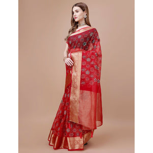 Dark Red Bandhani Printed Organza Saree With Woven Border
