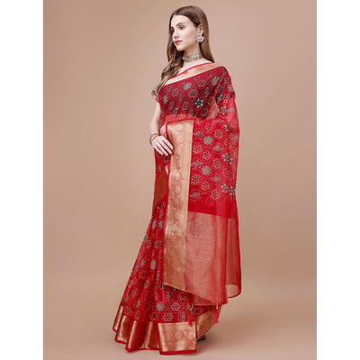 Dark Red Bandhani Printed Organza Saree With Woven Border