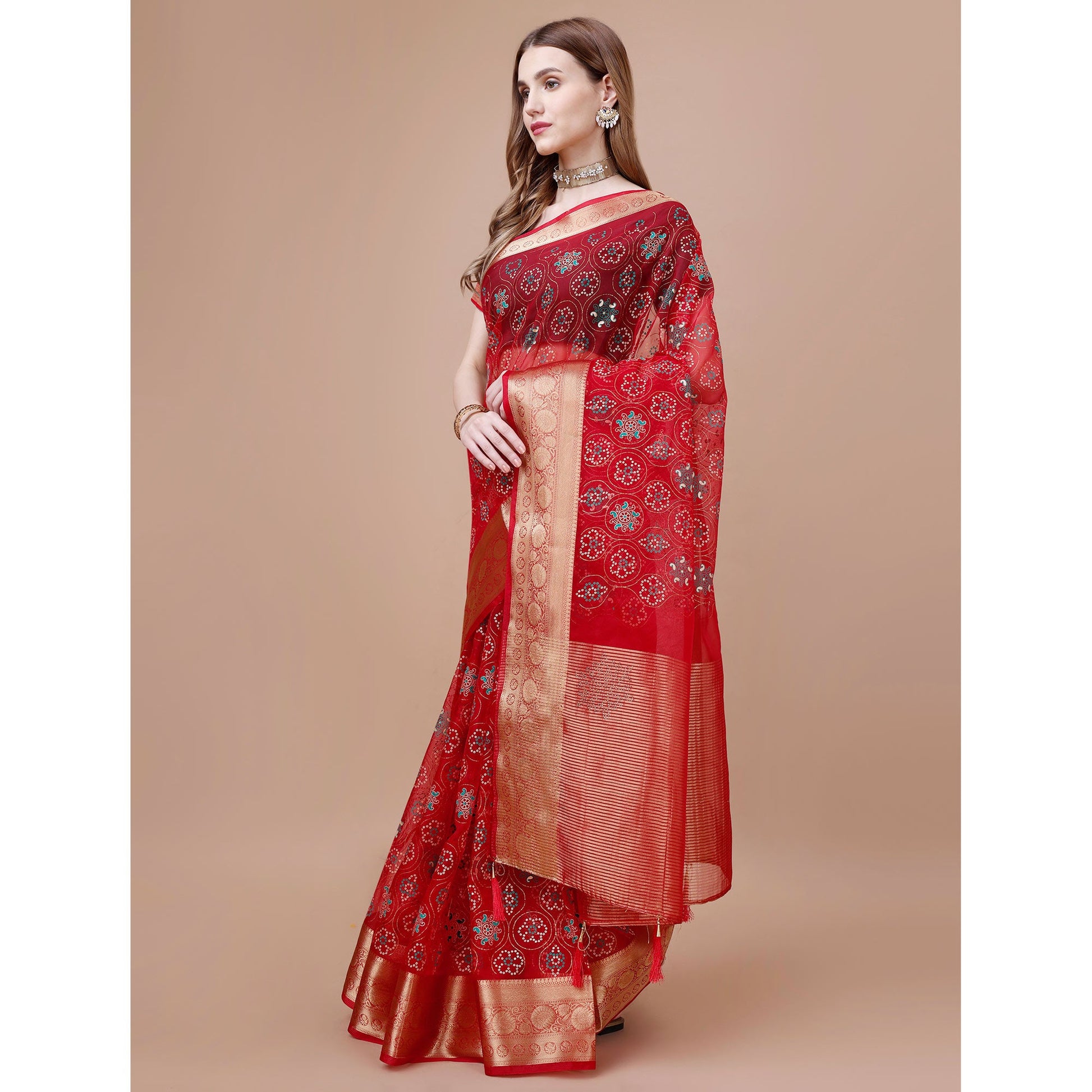 Dark Red Bandhani Printed Organza Saree With Woven Border