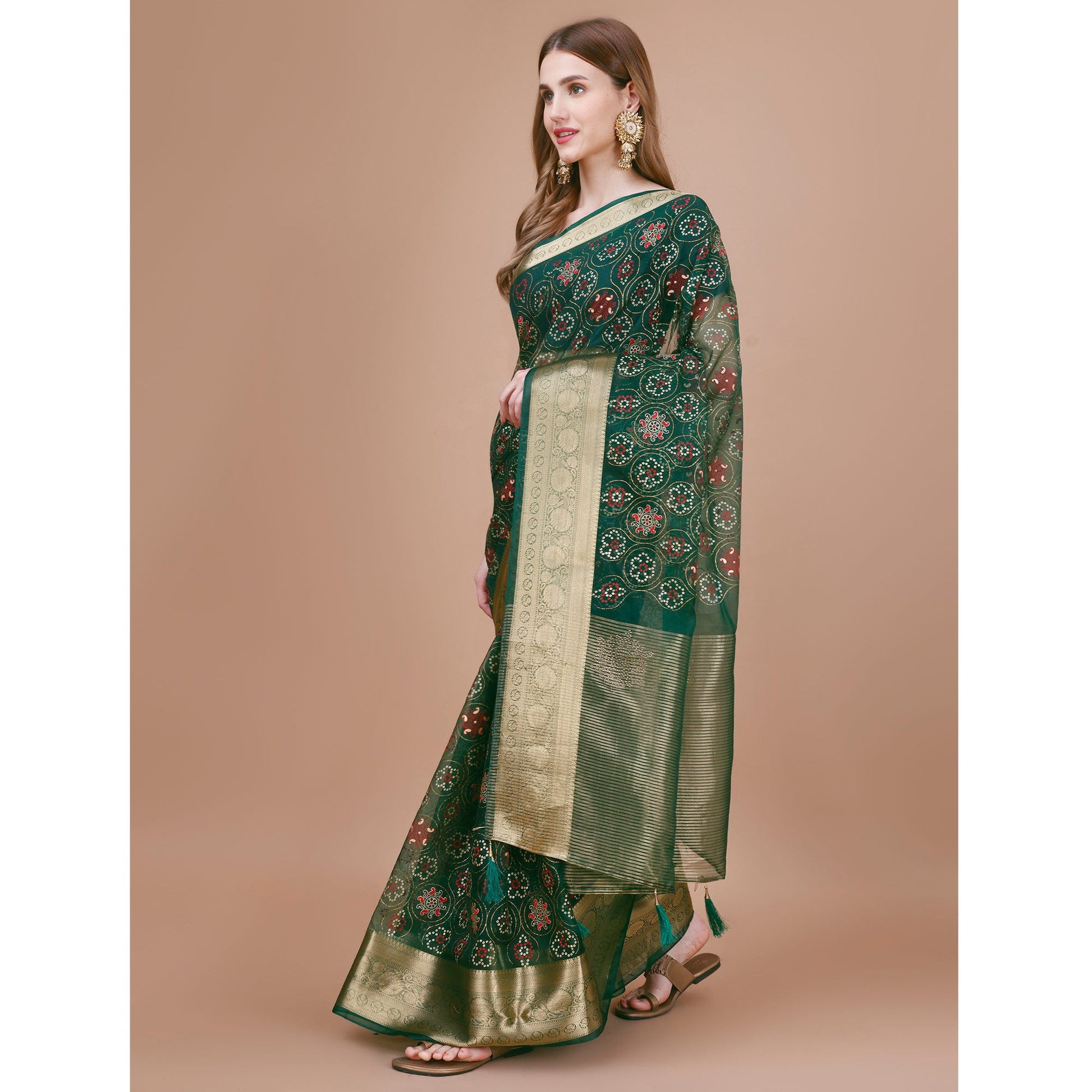 green-bandhani-printed-organza-saree-with-woven-border-1