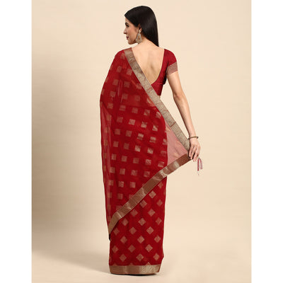 Maroon Foil Printed Chiffon Saree With Tassels