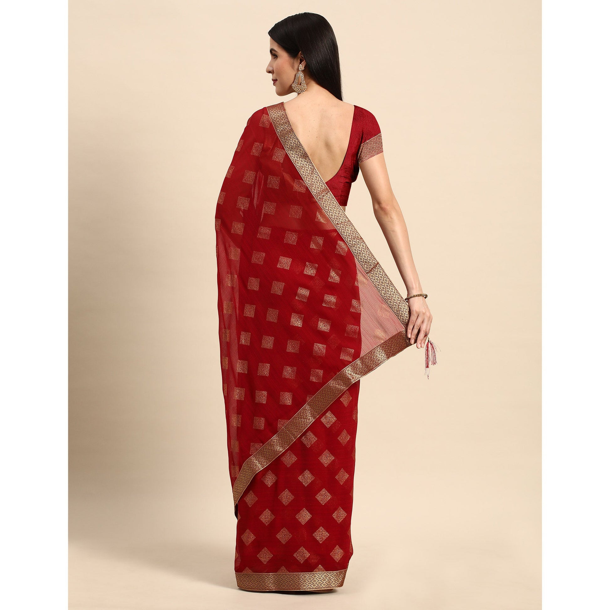 Maroon Foil Printed Chiffon Saree With Tassels