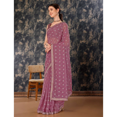 Mauve Printed Chiffon Saree With Lace Border