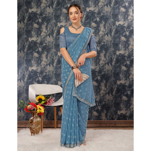 Greyish Blue Printed Chiffon Saree With Lace Border