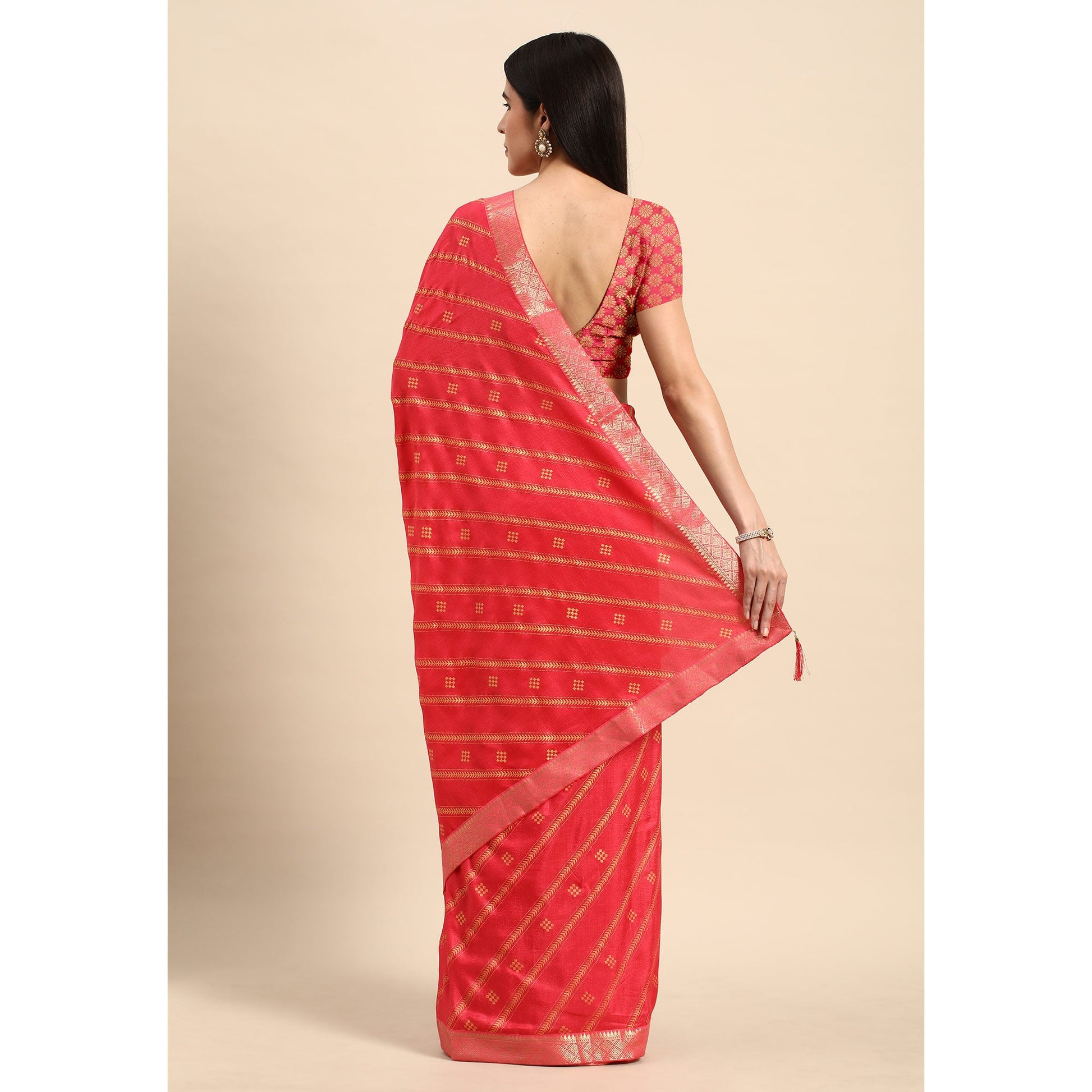 Gajri Pink Floral Foil Printed Chiffon Saree With Tassels