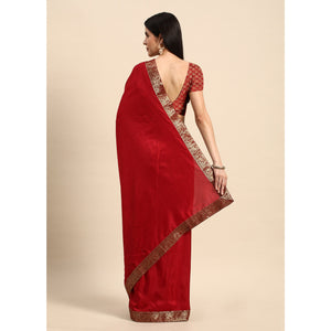 Maroon Solid Vichitra Silk Saree With Fancy Zari Border
