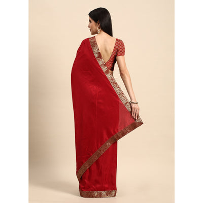 Maroon Solid Vichitra Silk Saree With Fancy Zari Border
