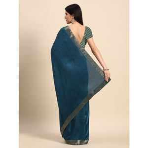 Blue Solid Vichitra Silk Saree With Fancy Zari Border
