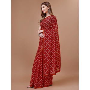 Maroon Floral Foil Printed Chiffon Saree With Lace Border