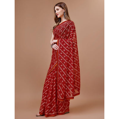 Maroon Floral Foil Printed Chiffon Saree With Lace Border