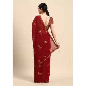 Maroon Sequins Embroidered Chiffon Saree With Tassels