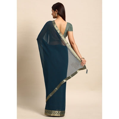 Blue Swarovski Work Chiffon Saree With Zari Border