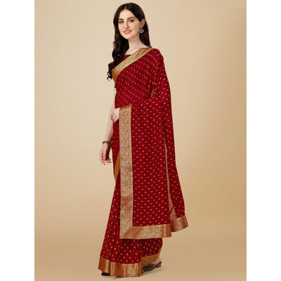 Maroon Foil Printed Vichitra Silk Saree With Jacquard Border