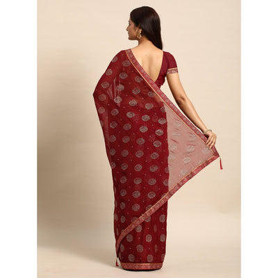Maroon Foil Printed With Embellished Chiffon Saree