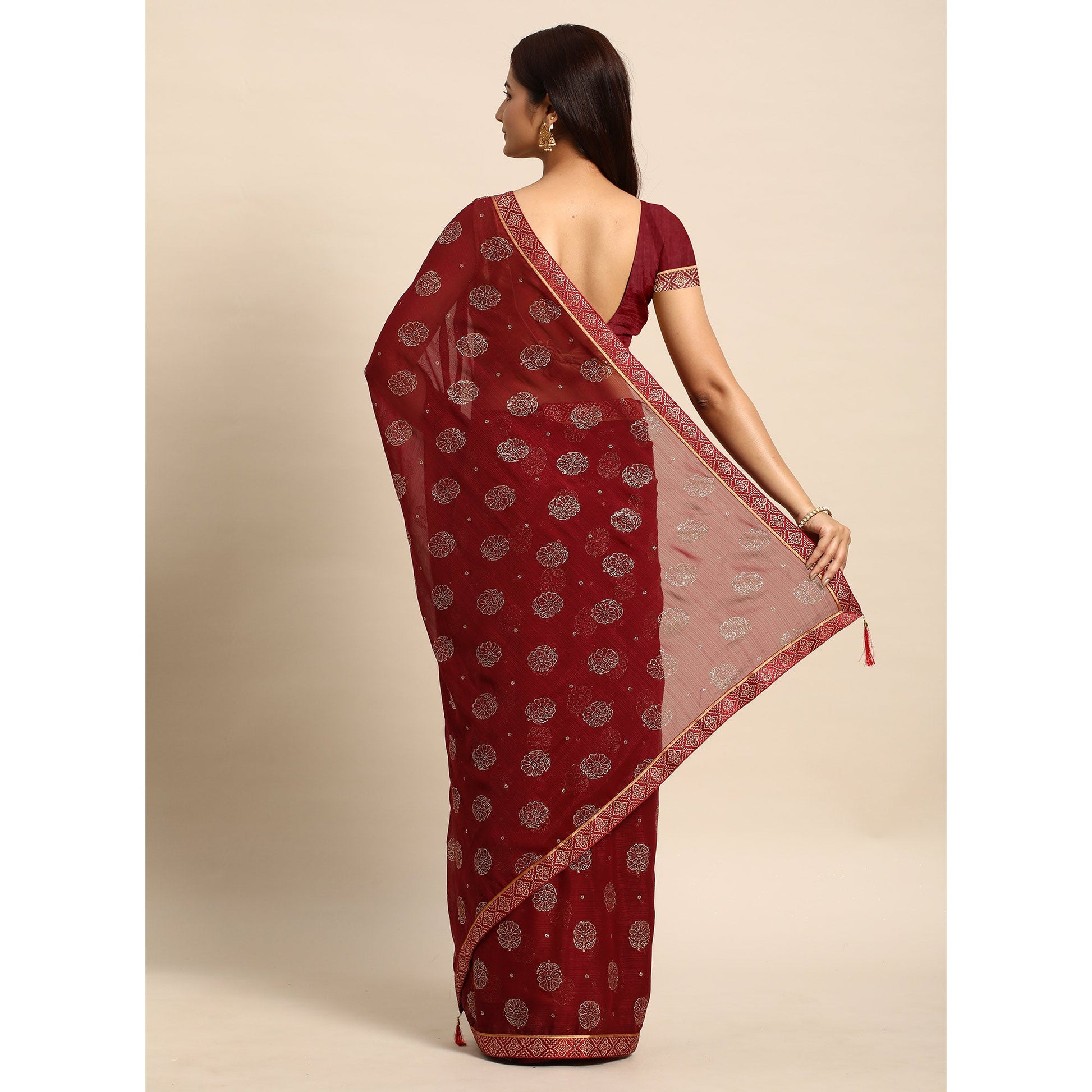 Maroon Foil Printed With Embellished Chiffon Saree