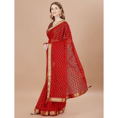 Maroon Foil Printed Chiffon Saree With Lace Border