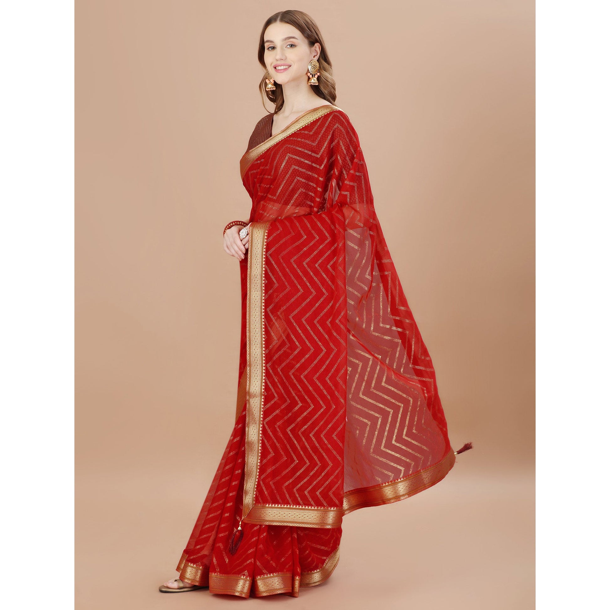 Maroon Foil Printed Chiffon Saree With Lace Border