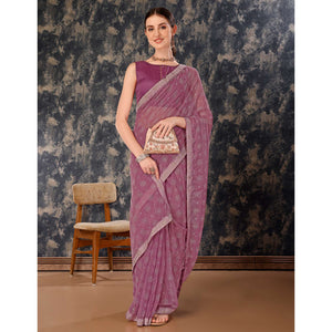 Mauve Printed Chiffon Saree With Lace Border