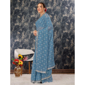 Greyish Blue Printed Chiffon Saree With Lace Border