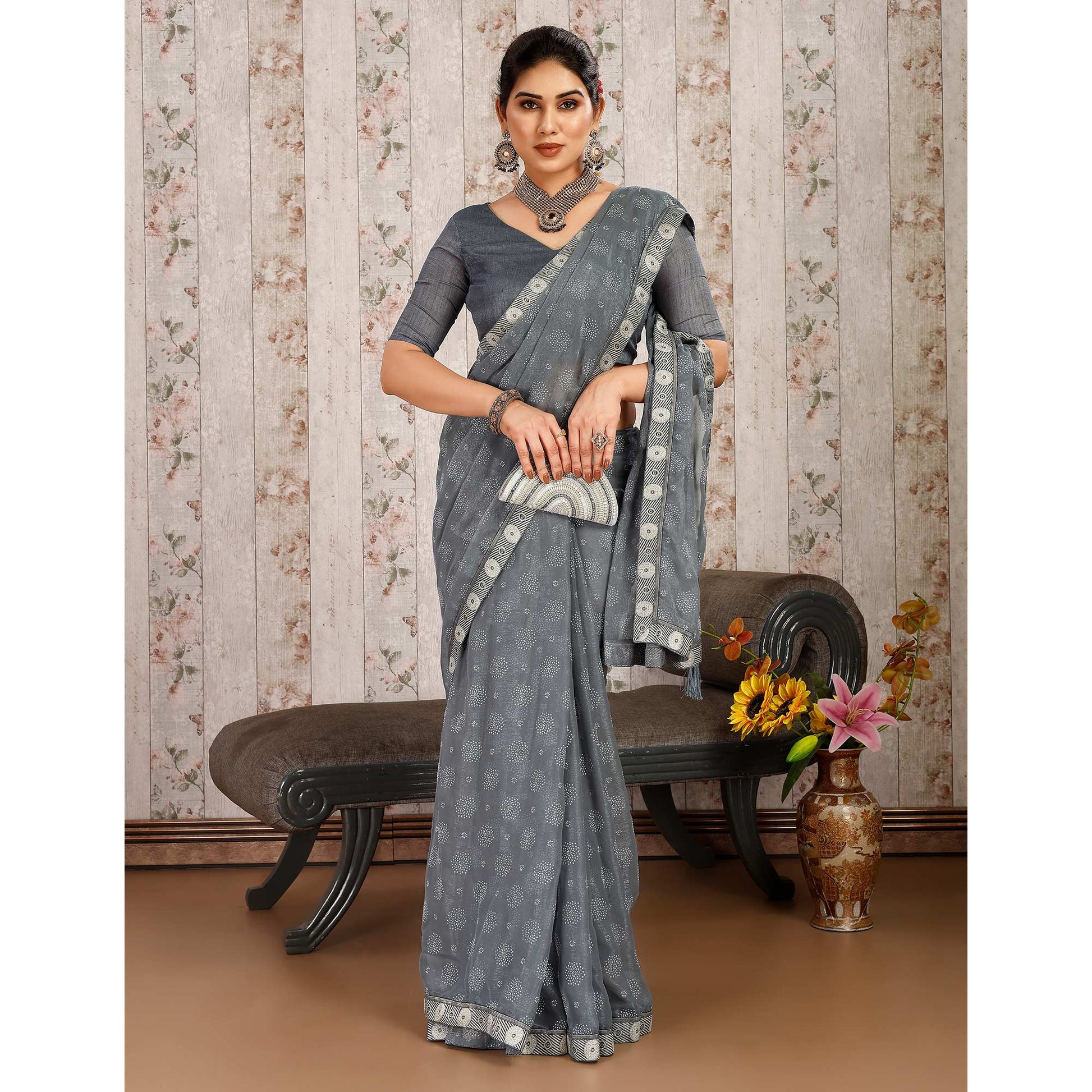 Grey Printed Chiffon Saree With Lace Border