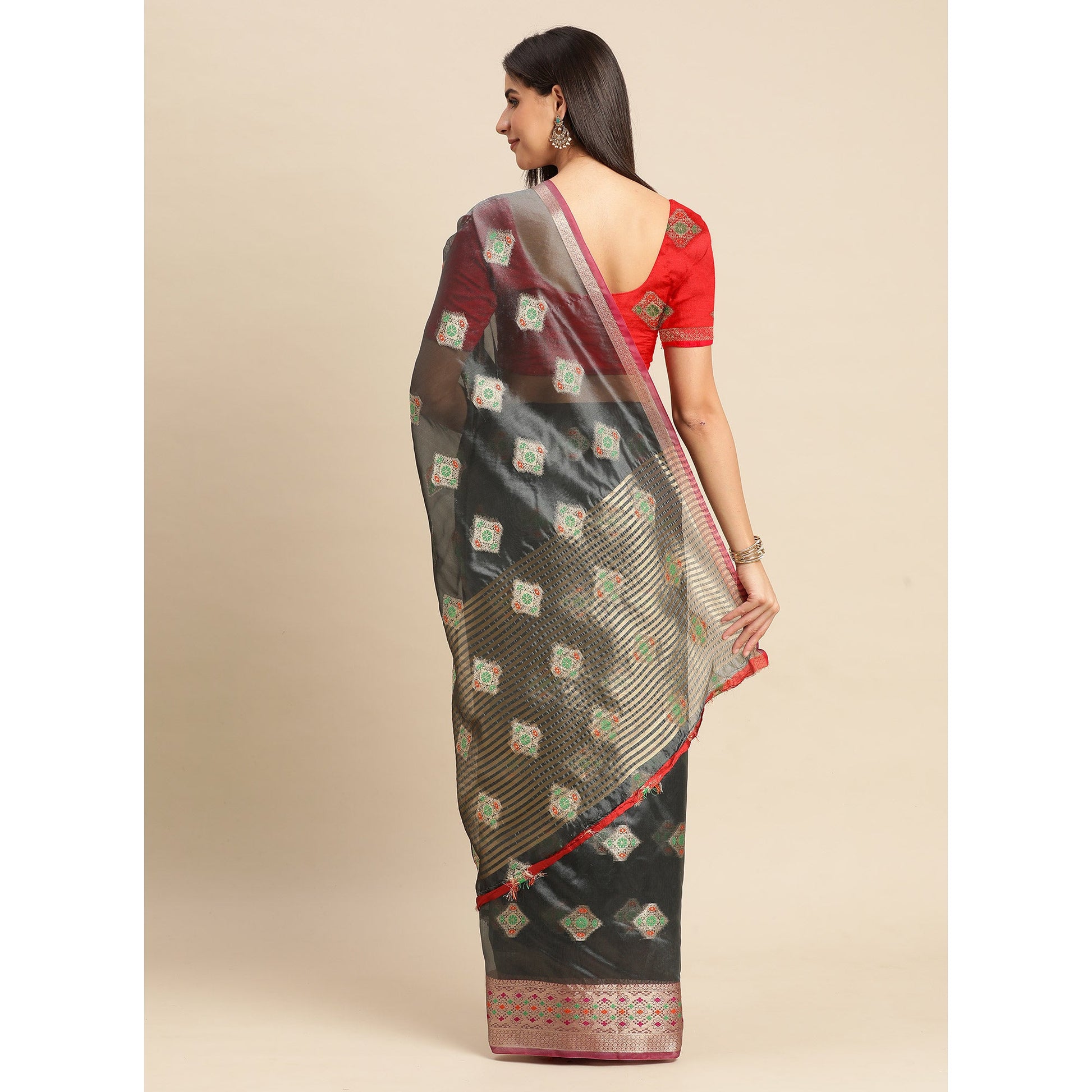 Grey Woven Organza Saree