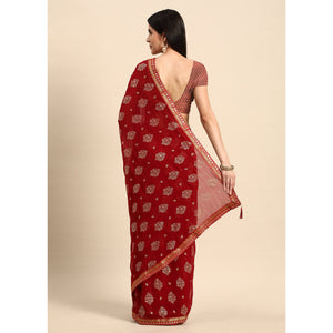 Maroon Floral Foil Printed Chiffon Saree With Tassels