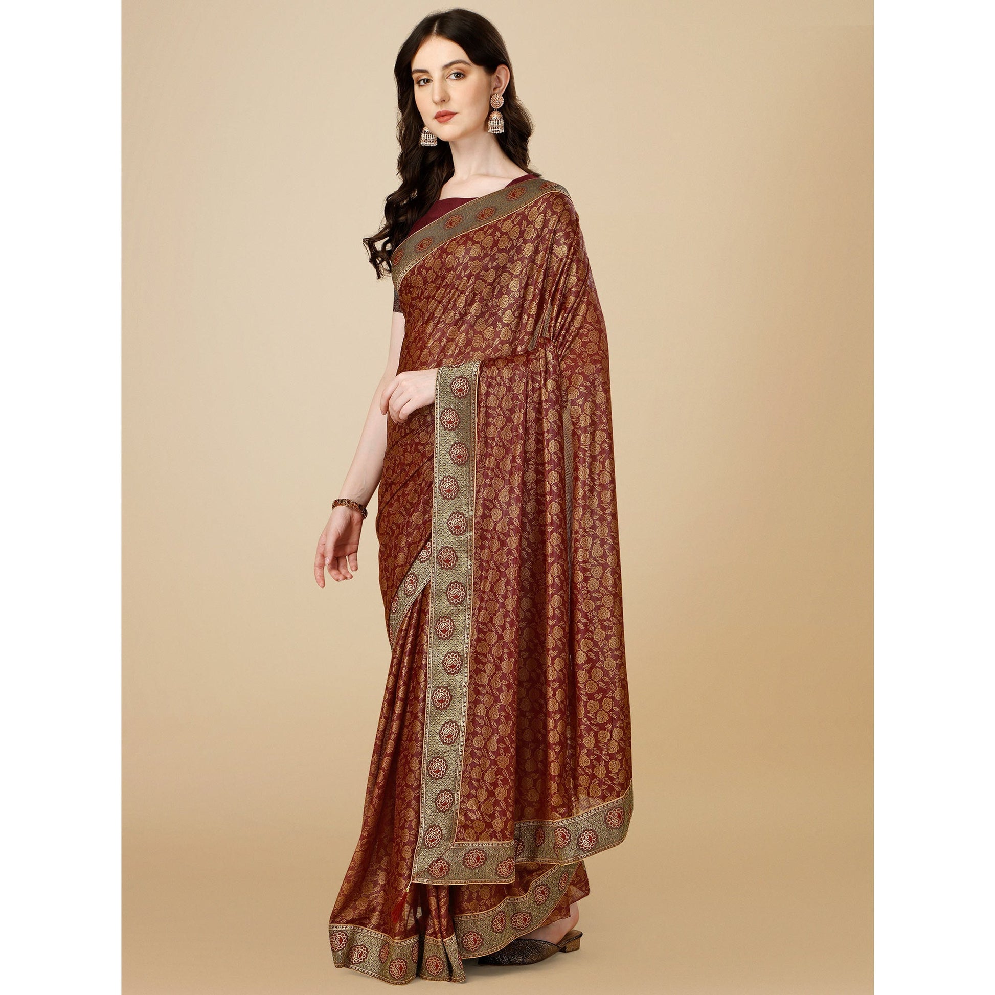 Maroon Floral Handloom Woven Rayon Saree