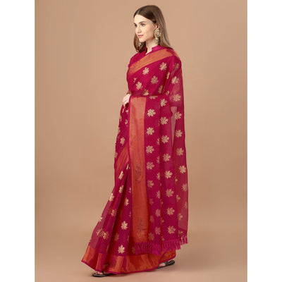 Dark Magenta Zari Work Chiffon Saree With Tassels