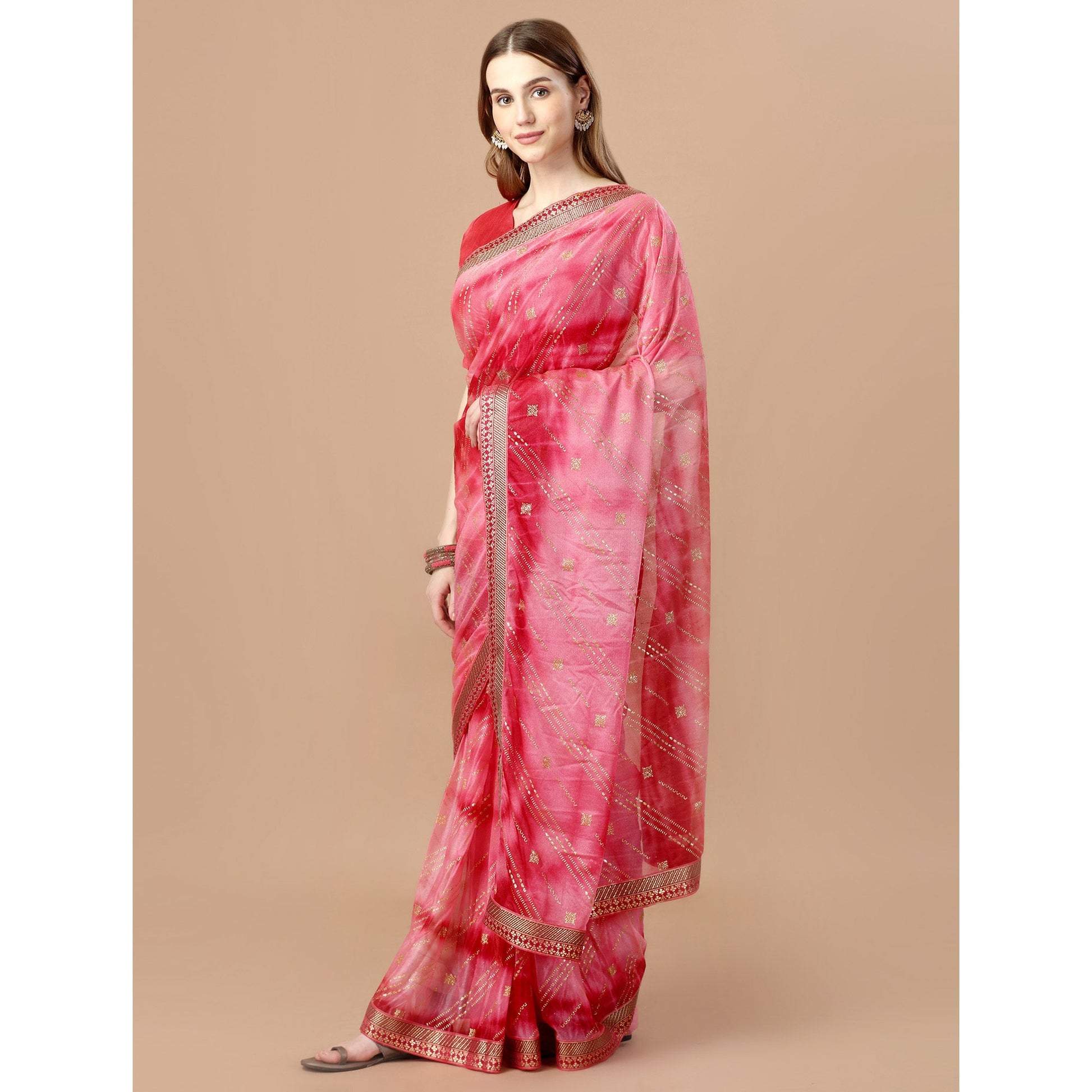 Gajari Pink Zari Work Chiffon Saree Lace Border