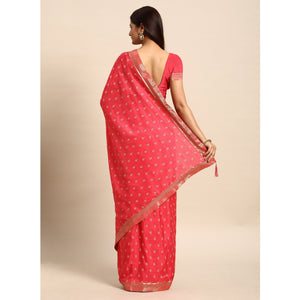 Gajri Pink Floral Printed Vichitra Silk Saree With Tassels