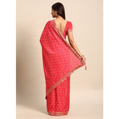 Gajri Pink Floral Printed Vichitra Silk Saree With Tassels