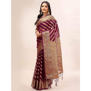 Maroon Woven Organza Saree With Tassels