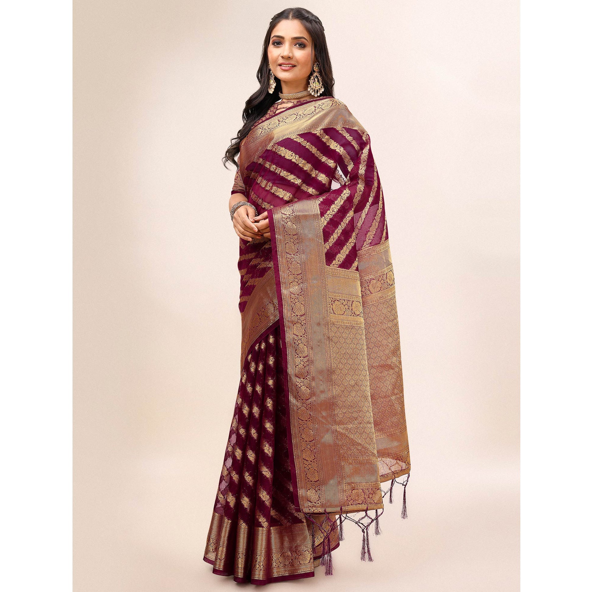 Maroon Woven Organza Saree With Tassels