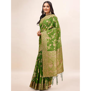 Mehendi Green Woven Organza Saree With Tassels