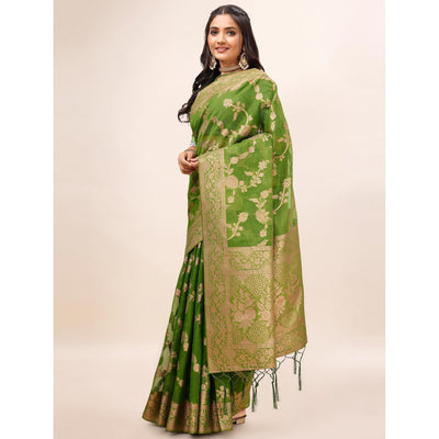 Mehendi Green Woven Organza Saree With Tassels
