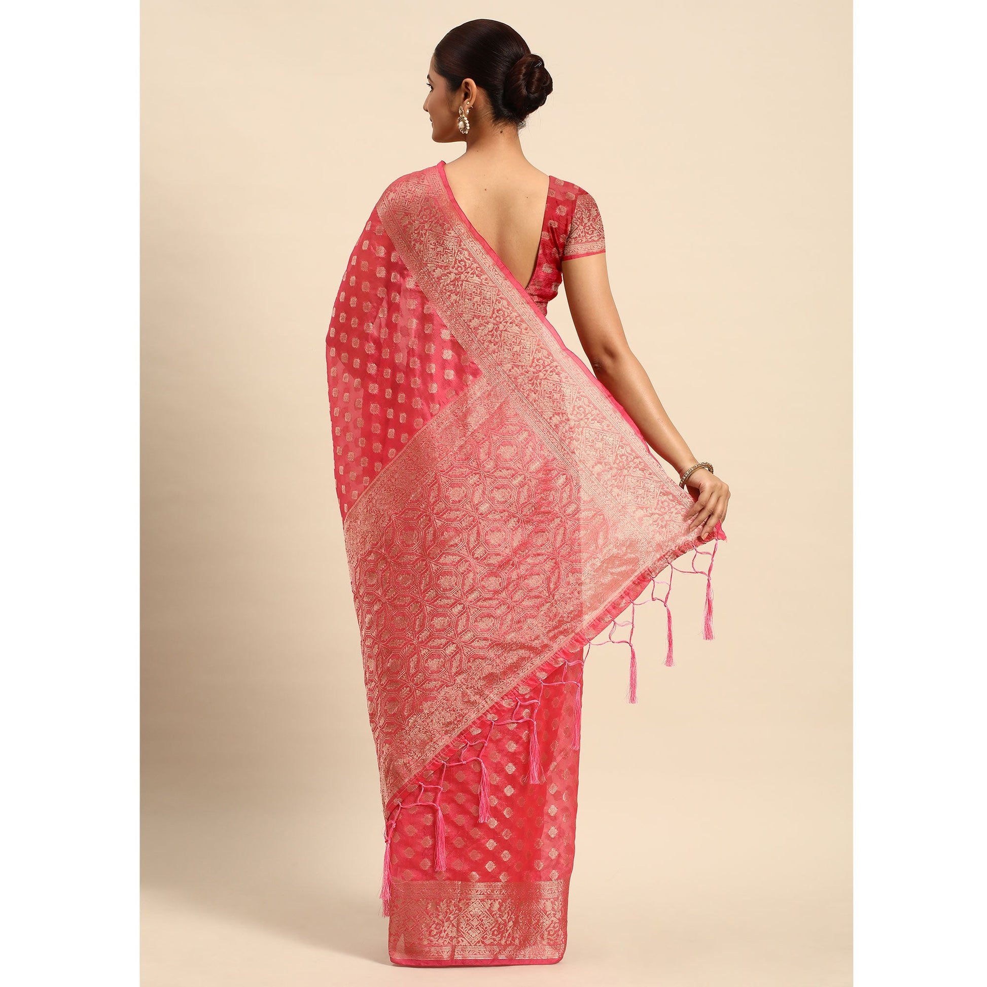 Gajari Pink Woven Organza Silk Saree With Tassels