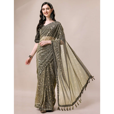 Mehendi Green Floral Printed Rayon Saree