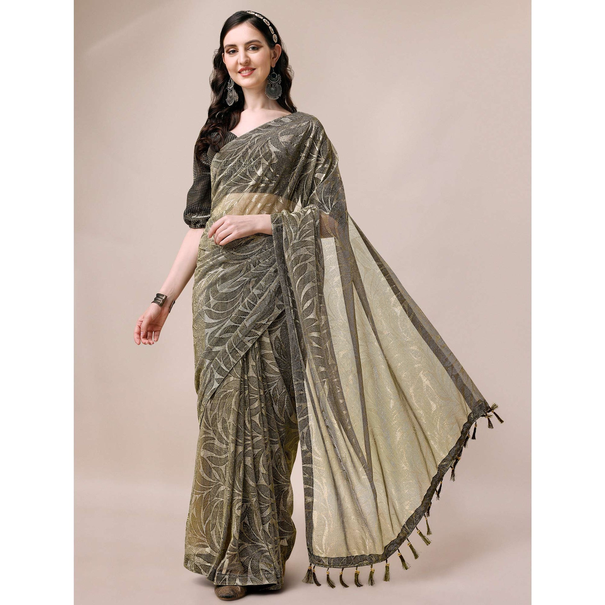 Mehendi Green Floral Printed Rayon Saree