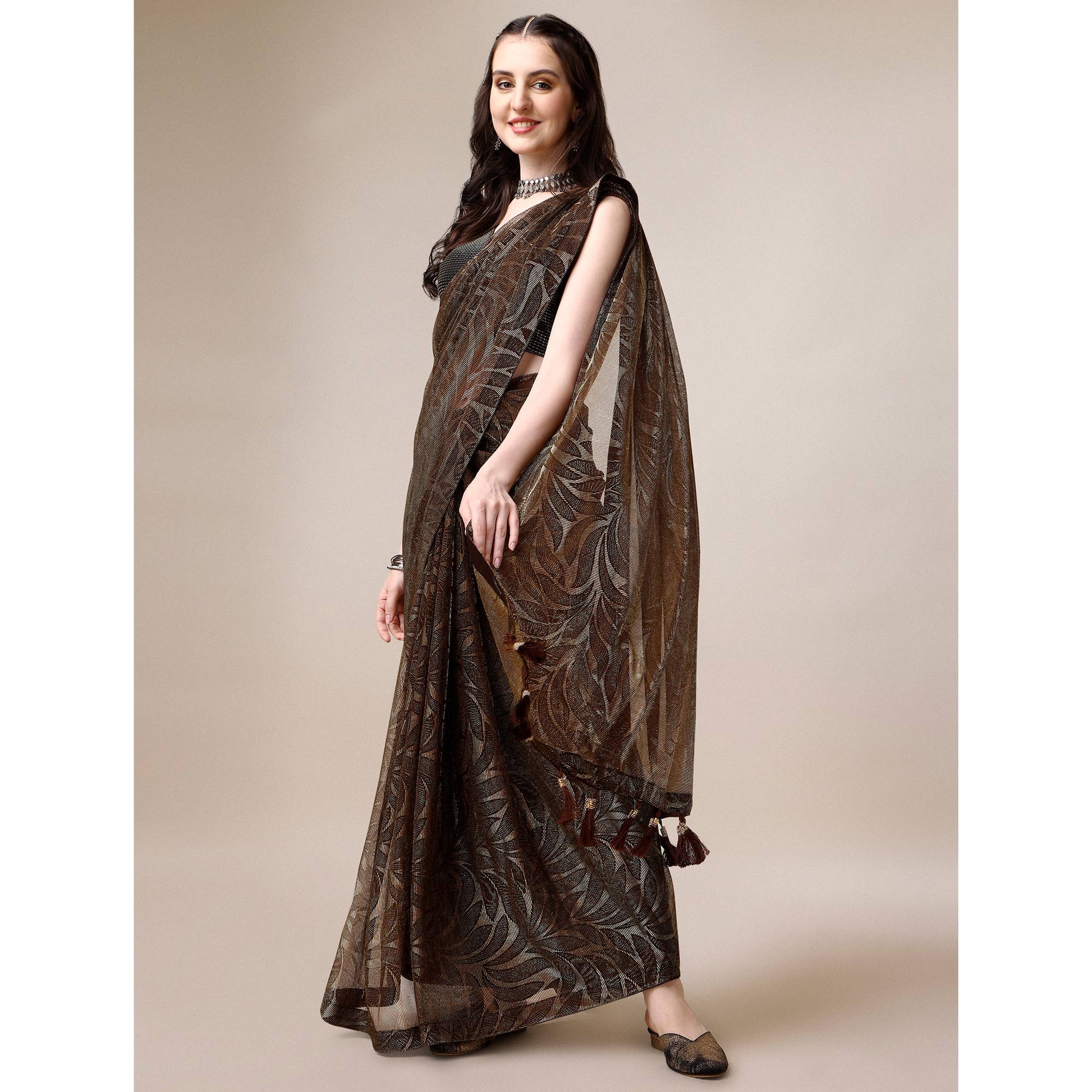 Brown Floral Printed Rayon Saree