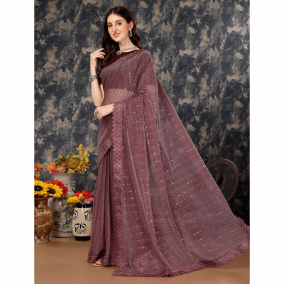 Dark Mauve Tikali With Floral Embroidered Lycra Saree