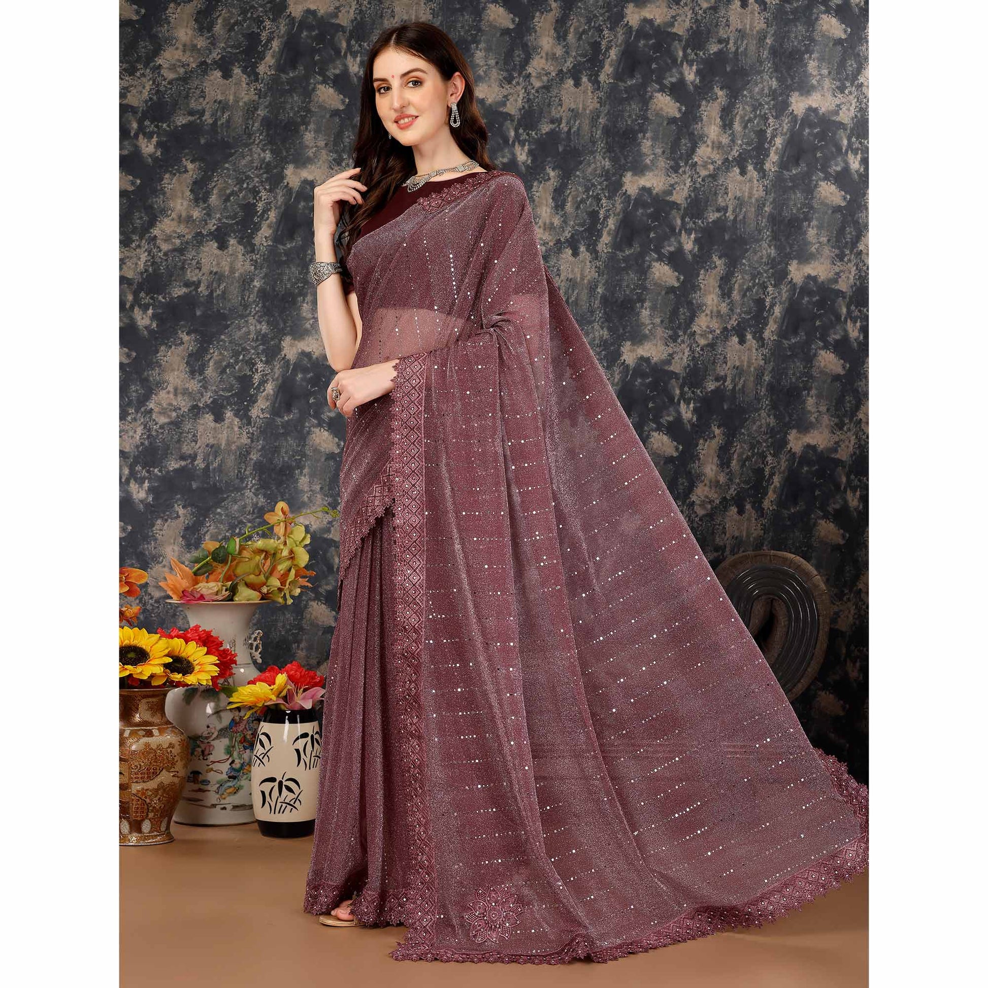 Dark Mauve Tikali With Floral Embroidered Lycra Saree