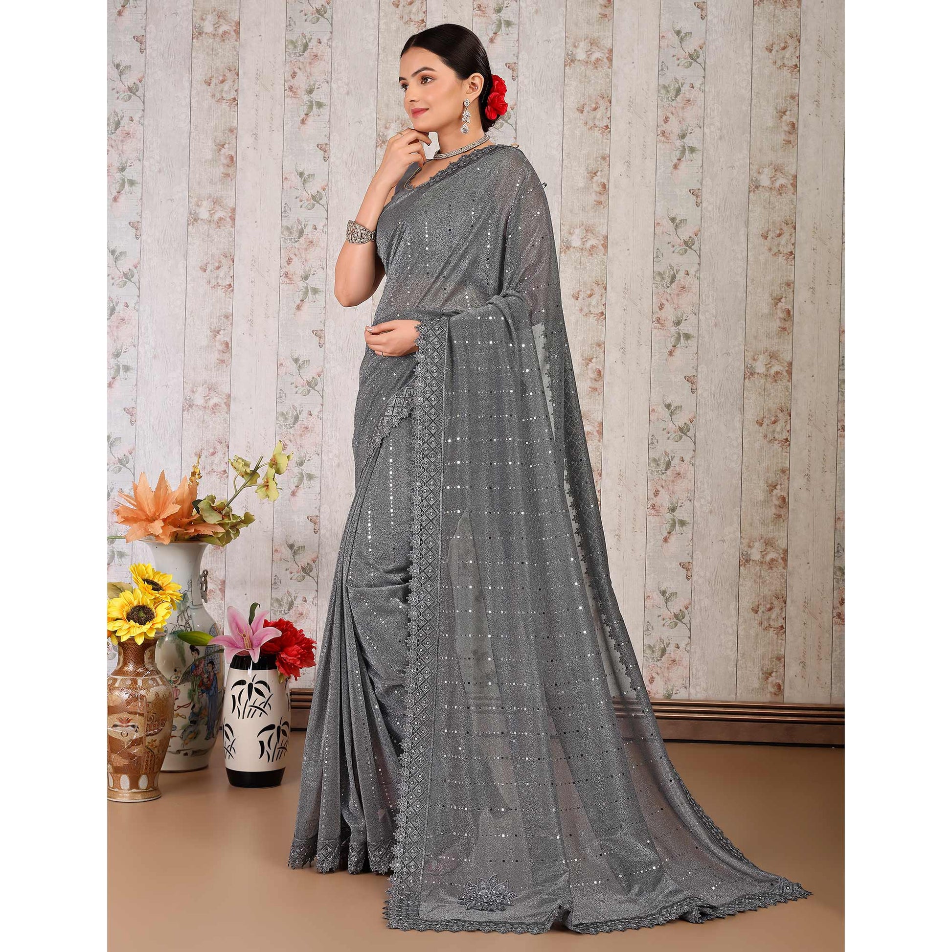 Grey Tikali With Floral Embroidered Lycra Saree